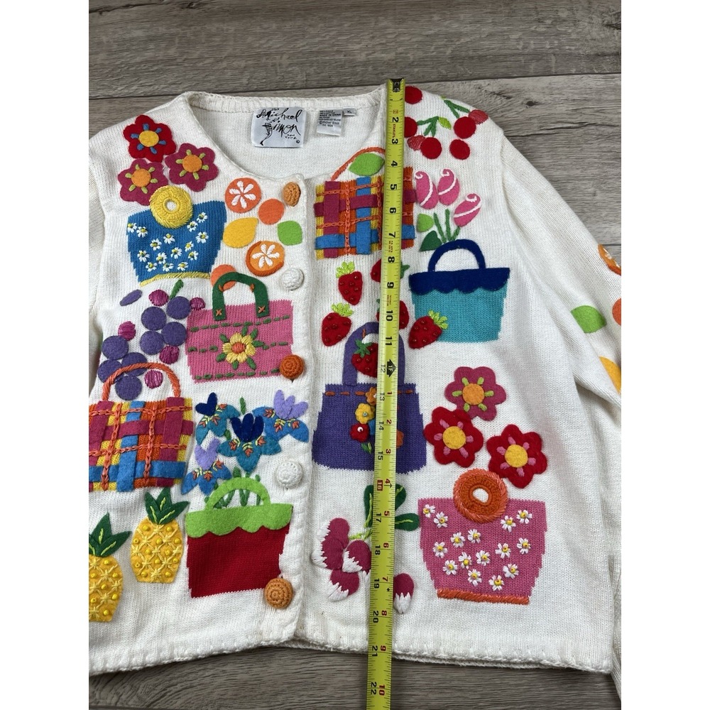 Vintage Michael Simon Cardigan Sweater Size XL Strawberry Flowers Basket Fruit - Picture 3 of 14